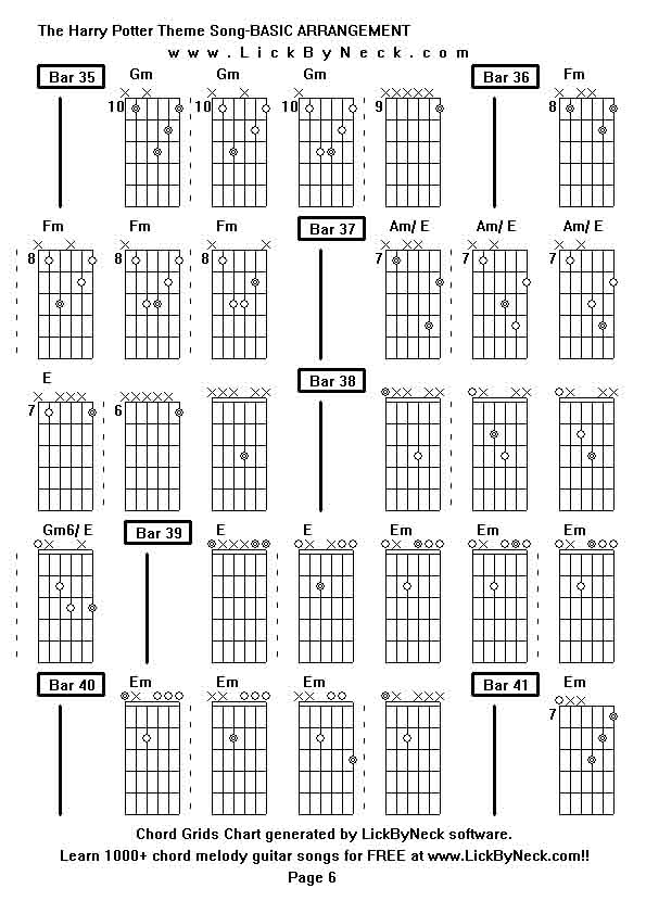 Chord Grids Chart of chord melody fingerstyle guitar song-The Harry Potter Theme Song-BASIC ARRANGEMENT,generated by LickByNeck software.